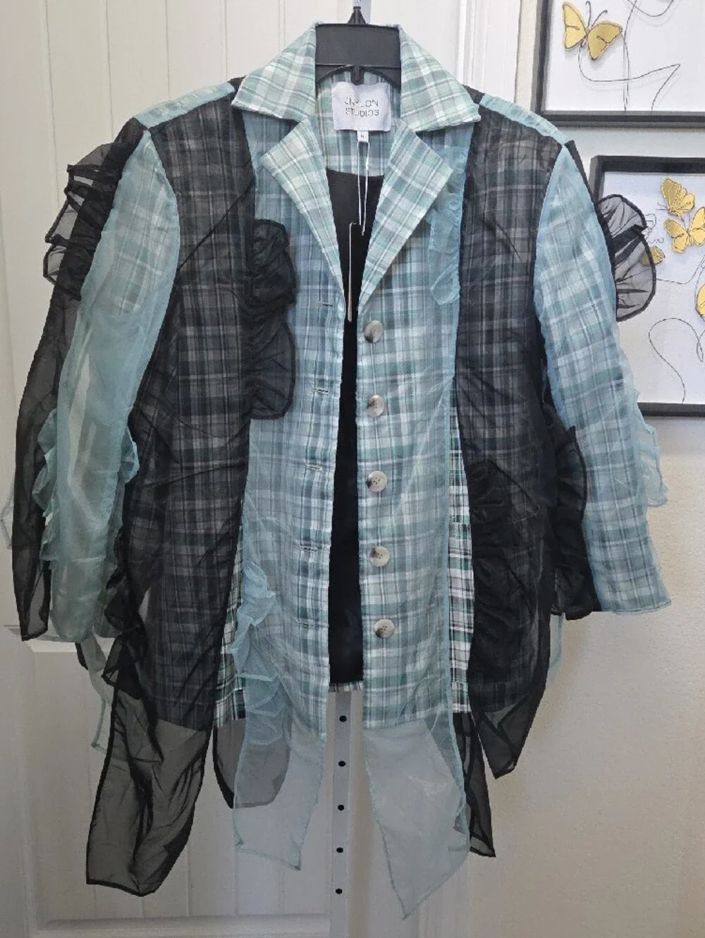 Mint Plaid Ruffle Detail Jacket